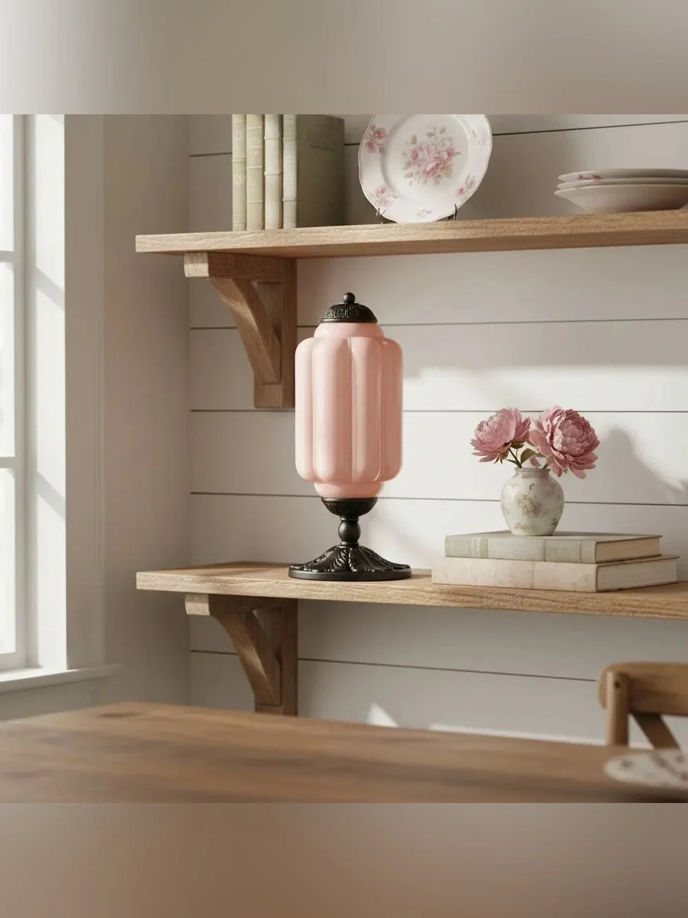 Anthropologie The Eloise Scallop Milk Glass Table Lamp Pink/Black NIB Corded